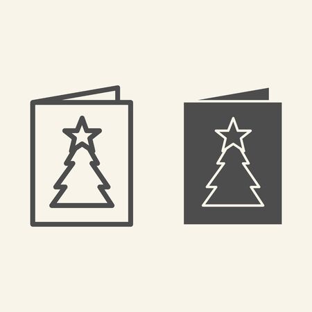 New Year postcard line and solid icon. Greeting card with Christmas tree outline style pictogram on white background. Winter party invitation letter for mobile concept and web design. Vector graphics.のイラスト素材