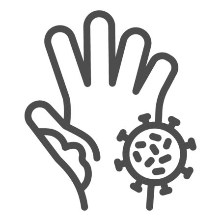 Unwashed hand with virus line icon. Prevent coronavirus spread symbol, outline style pictogram on white background. Bacteria infection on palm sign for mobile and web design. Vector graphicのイラスト素材