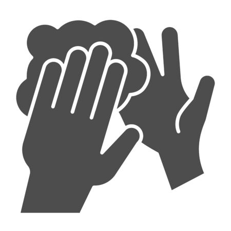 Hand washing with soap foam solid icon. Keep hands clean symbol, glyph style pictogram on white background. Hygiene to prevent coronavirus sign for mobile concept and web design. Vector graphicsのイラスト素材