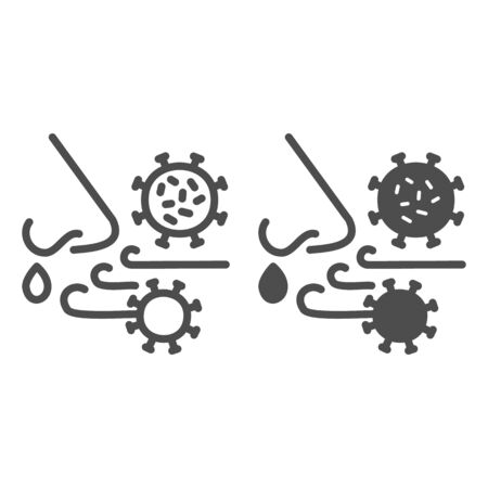 Airborne virus spread line and solid icon. Person breath virus bacteria outline style pictogram on white background. Covid-19 spread through respiratory sign concept and web design. Vector graphicsのイラスト素材