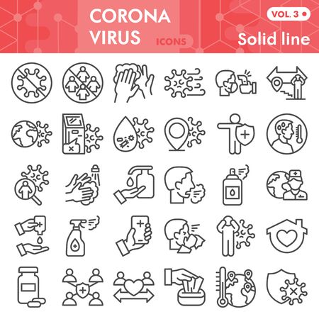 Coronavirus line icon set. Covid-19 symbols collection or vector sketches. Corona virus signs for computer web, linear style pictogram package isolated on white background. Vector graphicのイラスト素材