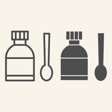 Medical Syrup line and solid icon. Medicine bottle and measuring spoon outline style pictogram on white background. Cough mixture for mobile concept and web design. Vector graphics.のイラスト素材