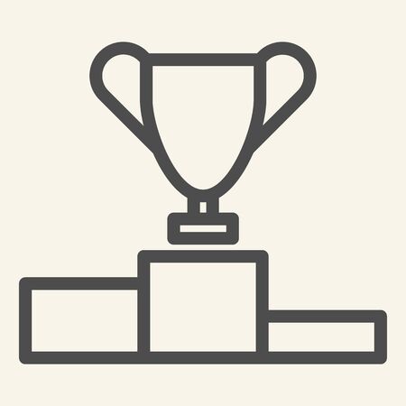 Trophy Cup on prize podium line icon. Champions or winners goblet pedestal outline style pictogram on beige background. First place award for mobile concept and web design. Vector graphics.のイラスト素材