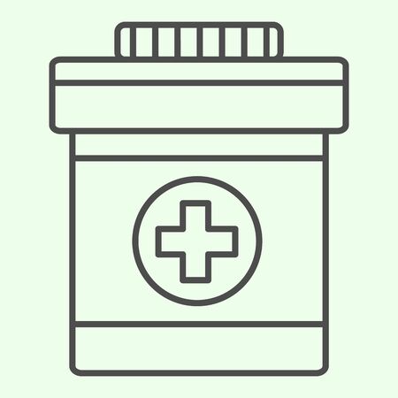 Drug bottle thin line icon. Bottle with cross for pills or vitamins outline style pictogram on white background. Chemistry and medicine signs for mobile concept and web design. Vector graphics.の写真素材