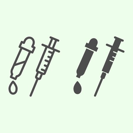 Injection line and solid icon. Medical syringe for vaccination and pipette outline style pictogram on white background. Chemistry and biology signs for mobile concept and web design. Vector graphics.の写真素材
