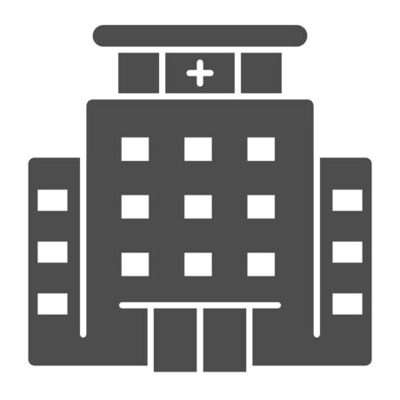 Hospital building solid icon. Medical construction with cross on top glyph style pictogram on white background. Healthcare building for mobile concept and web design. Vector graphics.の写真素材