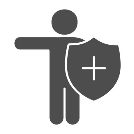 Person with medical shield solid icon. Protection against virus with hygiene shield symbol, glyph style pictogram on white background. Covid-19 prevention sign for mobile concept and web.の写真素材
