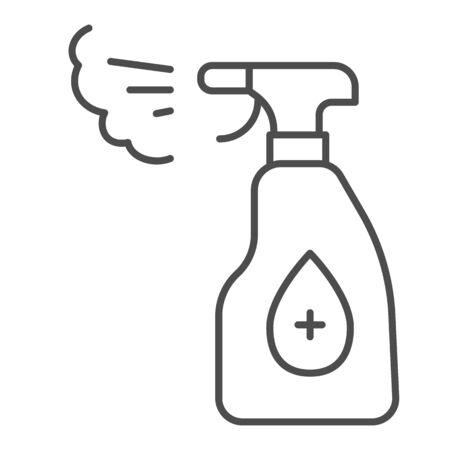 Antiseptic medical spray thin line icon. Hands sanitizer with cross outline style pictogram on white background. Hand hygiene and disinfection sign mobile concept and web design. Vector graphics.の写真素材