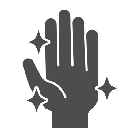 Hand after washing free from bacteria or virus solid icon. Clean shiny hands symbol, glyph style pictogram on white background. Coronavirus prevention sign mobile and web design. Vector graphics.の写真素材