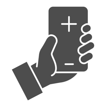 Contact doctor online solid icon. Hand hold smartphone with cross symbol, glyph style pictogram on white background. Emergency coronavirus consultation sign for mobile concept, web design.の写真素材