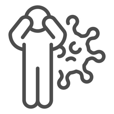 Coronavirus infected person line icon. Unhappy man with virus bacteria symbol, outline style pictogram on white background. Covid-19 outbreak sign for mobile concept and web design. Vector.の写真素材