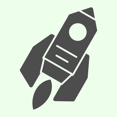 Rocket solid icon. Cosmic space ship flying with fire glyph style pictogram on white background. Exploration and research signs for mobile concept and web design. Vector graphics.の写真素材