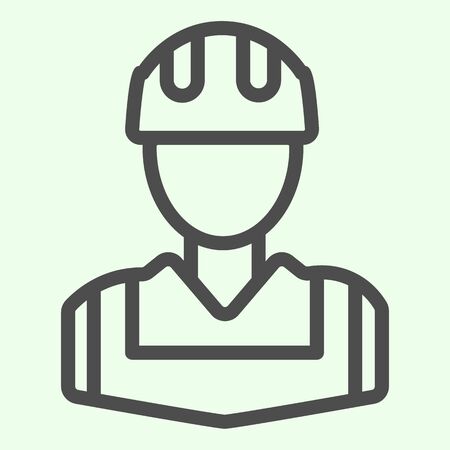 Worker line icon. Construction man with jacket and hardhat helmet outline style pictogram on white background. House repair and renovation signs for mobile concept and web design. Vector graphics.の写真素材