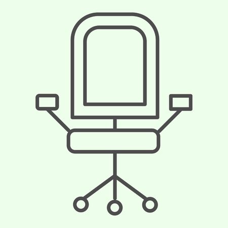 Office chair thin line icon. Armchair with wheels of comfortable business furniture outline style pictogram on white background. Office chief seat for mobile concept and web design. Vector graphics.の写真素材