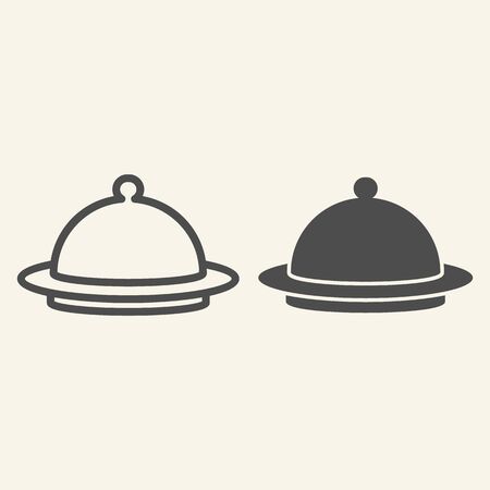 Dish with lid line and solid icon. Hotel restaurant food cover symbol, outline style pictogram on beige background. Food tray sign for mobile concept and web design. Vector graphics.の写真素材