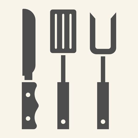 BBQ grill cutlery solid icon. Roasting utensil symbol, glyph style pictogram on beige background. Butcher knives, fork and spatula sign for mobile concept and web design. Vector graphics.の写真素材