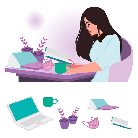 Young woman stay home, sitting and studying, reading book. Distance learning concept. Training in isolation. Work and learn from home. Self-isolation during coronavirus pandemic. vector illustration.のイラスト素材