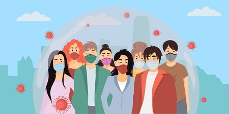 People wearing protection medical face mask to protect and prevent virus, disease, flu. Group of young man and woman are protected among coronavirus cell in city skyline. Vector illustration.のイラスト素材