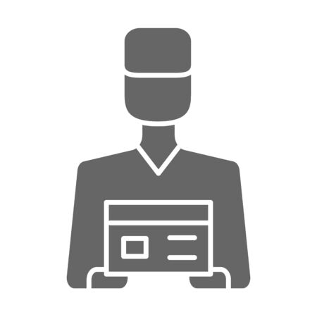 Courier delivery service solid icon, logistics symbol, Delivery man holding box vector sign on white background, Courier with parcel icon glyph style mobile and web design. Vector graphics.の写真素材