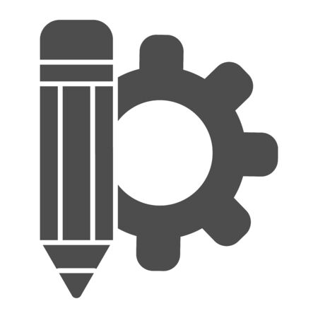 Pencil and gear wheel solid icon. Marketing inspiration and idea symbol, glyph style pictogram on white background. Creating process with cogwheel sign for mobile concept and web design.の写真素材