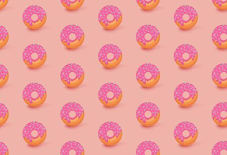 Seamless pattern with donuts with pink glaze and blue sprinkles on light orange background. Cute vector illustration for paper package wrapper for sweets or other design. Sweet bakery concept.のイラスト素材