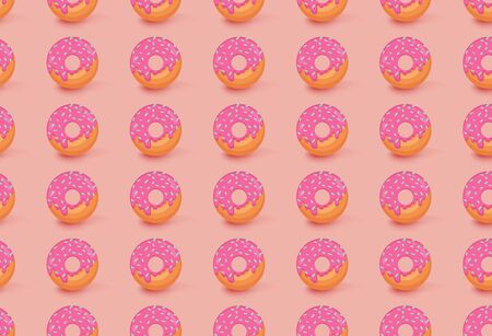 Sweet delicious pattern with donuts. Vector illustration of glazed pink donuts and blue sprinkles...