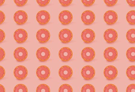 Pink donuts seamless pattern. Cute sweet food for children on light orange background. Colorful design for textile, wallpaper, fabric, decor. Sweet bakery concept. Vector illustration in flat style.のイラスト素材