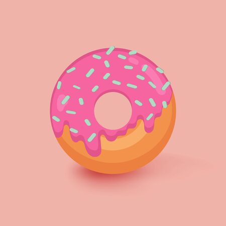Frosted pink color doughnut with blue sprinkles isolated on light orange background with shadows. Sweet bakery collection. Delicious appetizing doughnut with sprinkling.のイラスト素材