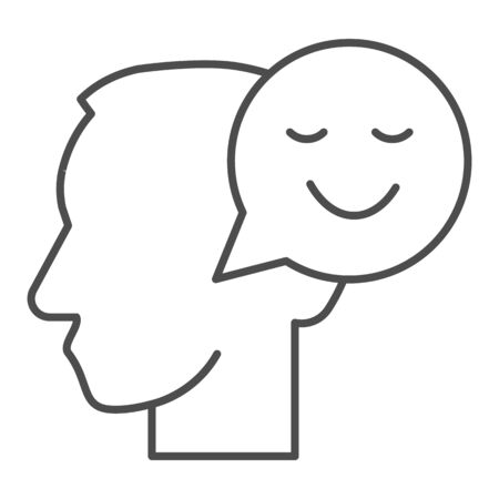 Person with positive thought thin line icon, communication concept, User with speech bubble sign on white background, Thinking head with happy smile sign in outline style. Vector graphics.のイラスト素材