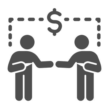 Two businessmen and dollar sign solid icon, communication concept, Business people handshake sign on white background, Successful partnership icon in glyph style for mobile and web. Vector.のイラスト素材