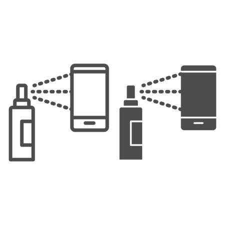 Smartphone disinfection line and solid icon, covid-19 prevention concept, Disinfect mobile phone and gadgets sign on white background, device screen with alcohol spray icon in outline. Vector graphic.のイラスト素材