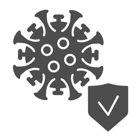 Virus cell with check mark solid icon, covid-19 concept, Approved protection shield and microbe sign on white background, Viral microorganism icon in glyph style for mobile. Vector graphic.のイラスト素材