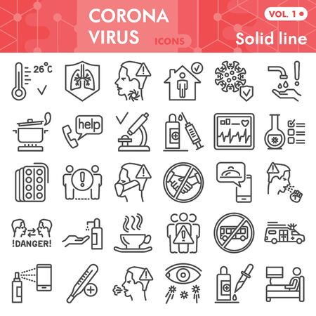 Coronavirus line icon set, 2019-ncov virus symbols set collection or vector sketches. Covid-19 signs set for computer web, the linear pictogram style package isolated on white background.のイラスト素材