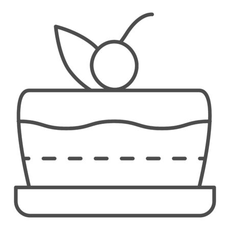Cake thin line icon, bakery concept, sweet birthday pie sign on white background, cake with cherry icon in outline style for mobile concept and web design. Vector graphics.のイラスト素材