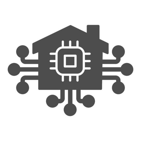 Microchip in building and connections solid icon, smart home concept, technology vector sign on white background, electronic chip with house icon glyph style. Vector graphics.のイラスト素材