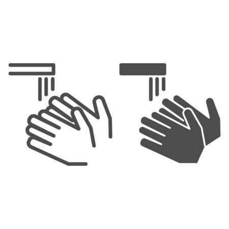 Wash your hands line and solid icon, coronavirus prevention concept, Washing hand under tap sign on white background, clean hands to prevent covid-19 icon in outline style for mobile. Vector graphics.のイラスト素材