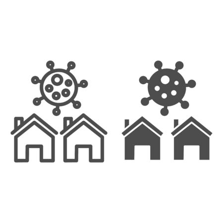 Two buildings and corona virus cell line and solid icon, coronavirus awareness concept, self-isolation at home sign on white background, stay safe at home symbol in outline style. Vector graphics.のイラスト素材