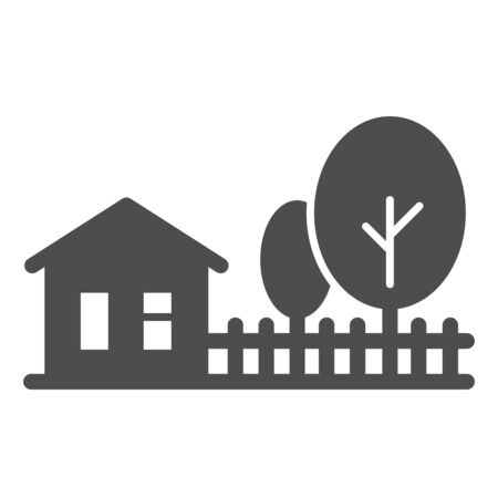 Cottage house with trees solid icon, Summer concept, Rural landscape sign on white background, farm house and trees icon in glyph style for mobile concept and web design. Vector graphics.のイラスト素材