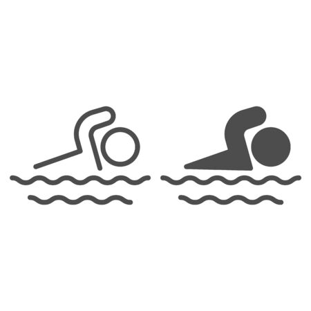 Man swims in sea line and solid icon, Summer concept, Swimming sign on white background, swim icon in outline style for mobile concept and web design. Vector graphics.のイラスト素材