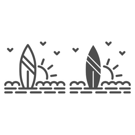 Surfboard and beach with sunset line and solid icon, Summer concept, surf sign on white background, surfboard on the sand icon in outline style for mobile concept and web design. Vector graphics.のイラスト素材
