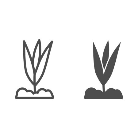 Young flower growth line and solid icon, spring concept, small plant with leaves symbol on white background, Plant growing from soil icon in outline style for mobile and web design. Vector graphics.のイラスト素材
