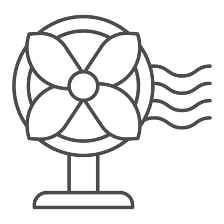 Electric fan thin line icon, household and appliance concept, ventilator blowing sign on white background, vintage table fan icon in outline style for mobile concept, web design. Vector graphics.のイラスト素材