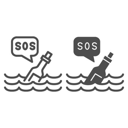 Bottle with sos message line and solid icon, ocean concept, Bottle on wave sign on white background, Bottle floating on waves icon in outline style for mobile concept and web design. Vector graphics.のイラスト素材