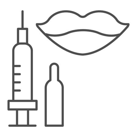 Lips with syringe thin line icon, beauty salon procedure concept, Lips injection sign on white background, Lip cosmetology injection icon in outline style for mobile. Vector graphics.のイラスト素材