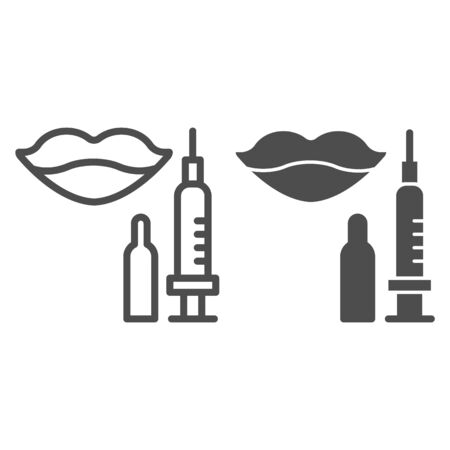 Lips with syringe line and solid icon, beauty salon procedure concept, Lips injection sign on white background, Lip cosmetology injection icon in outline style for mobile. Vector graphics.のイラスト素材