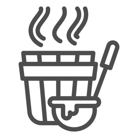 Sauna bucket and ladle line icon, spa concept, Bath wooden tub with big spoon sign on white background , Sauna accessories icon in outline style for mobile and web design. Vector graphics.のイラスト素材