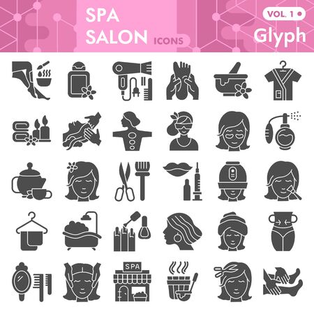 Spa salon solid icon set, beauty and fashion symbols collection or sketches. Beauty and care signs for web, glyph style pictogram package isolated on white background. Vector graphics.のイラスト素材