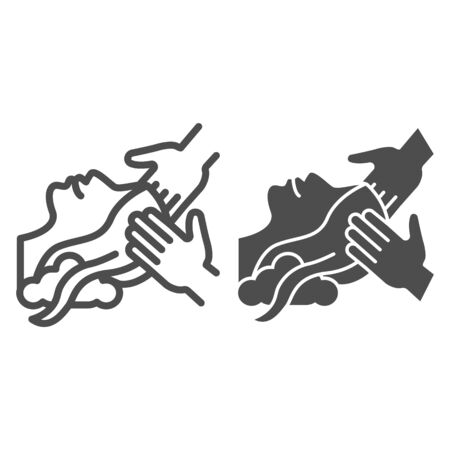 Head massage line and solid icon, spa salon procedure concept, Hands massage female head sign on white background, Therapeutic massage of head icon in outline style for mobile, web. Vector graphics.のイラスト素材