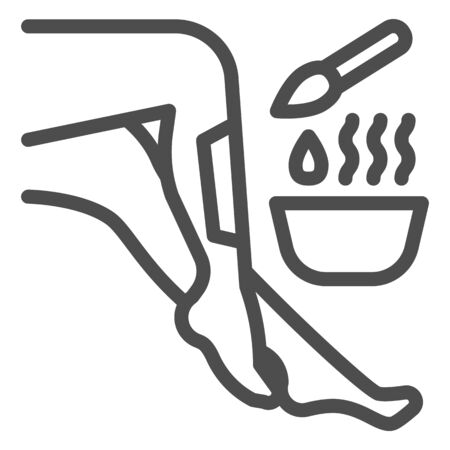 Legs and wax in bowl with brush line icon, spa salon concept, hair removal procedure sign on white background, Woman leg with wax strip and depilation tools icon in outline. Vector graphics.のイラスト素材