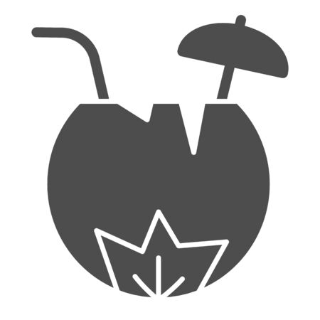 Coconut cocktail solid icon, summer concept, Summer beach cocktail in coconut sign on white background, Coconut with umbrella and straw icon in glyph style for mobile, web. Vector graphics.のイラスト素材